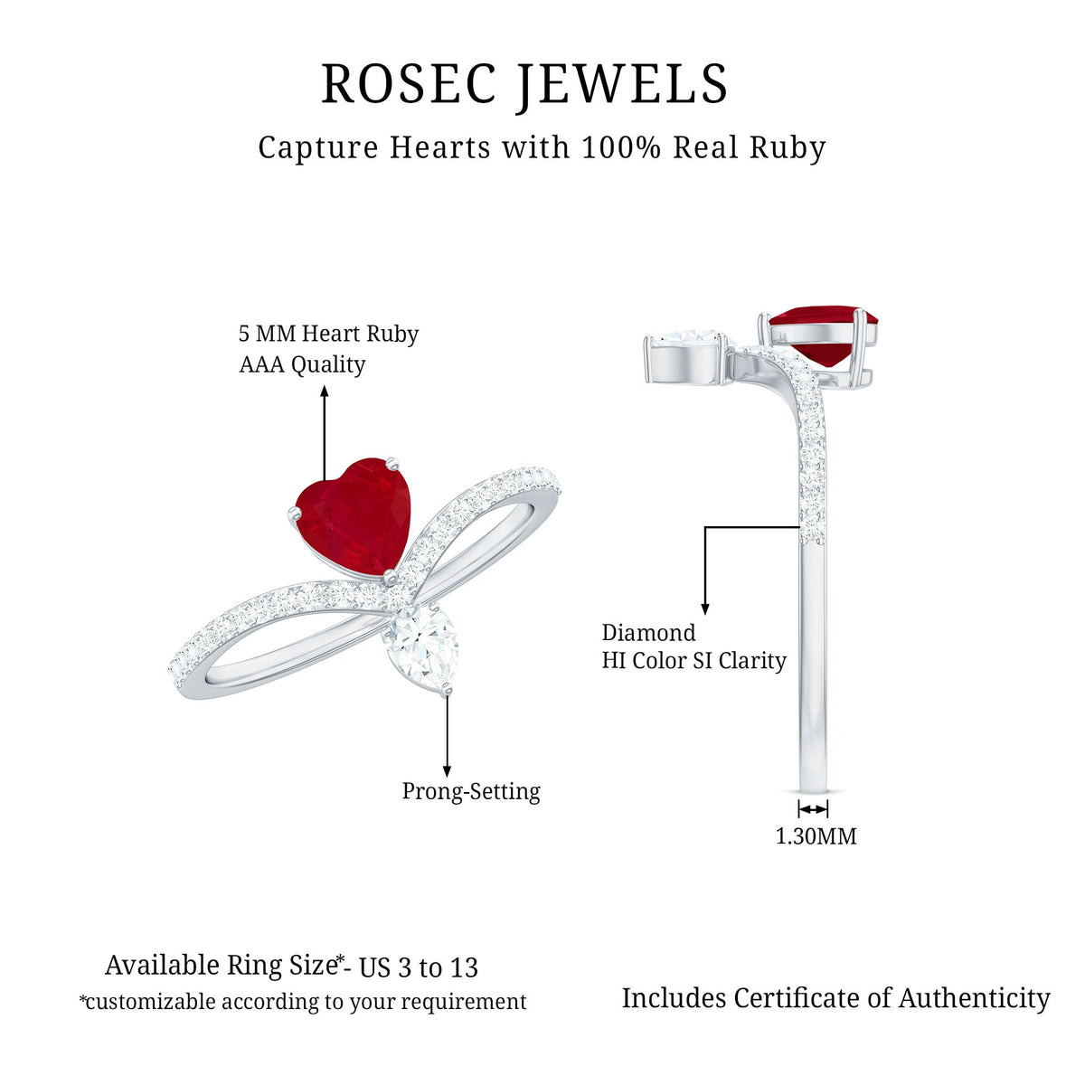 Natural 0.6 carat ruby heart promise ring with diamond-chevron shank, featuring a rose gold band and intricate design.