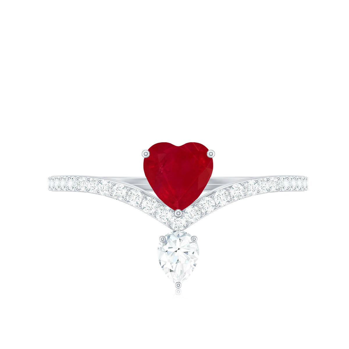 Natural 0.6 carat ruby heart promise ring with diamond chevron shank from Rosec Jewels, showcasing a detailed gold ring with ruby and diamond accents.
