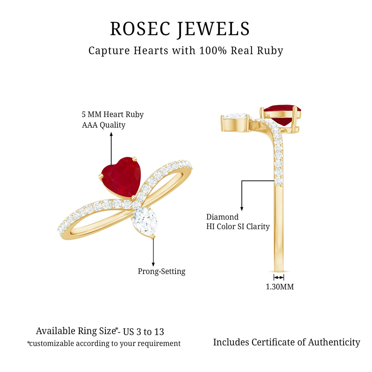 Natural 0.6 carat ruby heart promise ring with diamond-chevron shank by Rosec Jewels, showcasing a ruby heart and diamond accents.