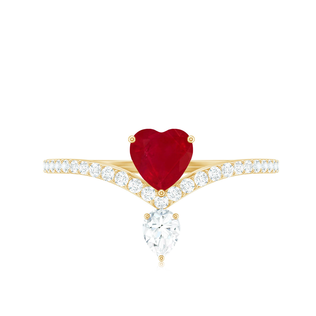 Natural 0.6 carat ruby heart promise ring with diamond chevron shank from Rosec Jewels, showcasing a romantic ruby heart and sparkling diamonds.
