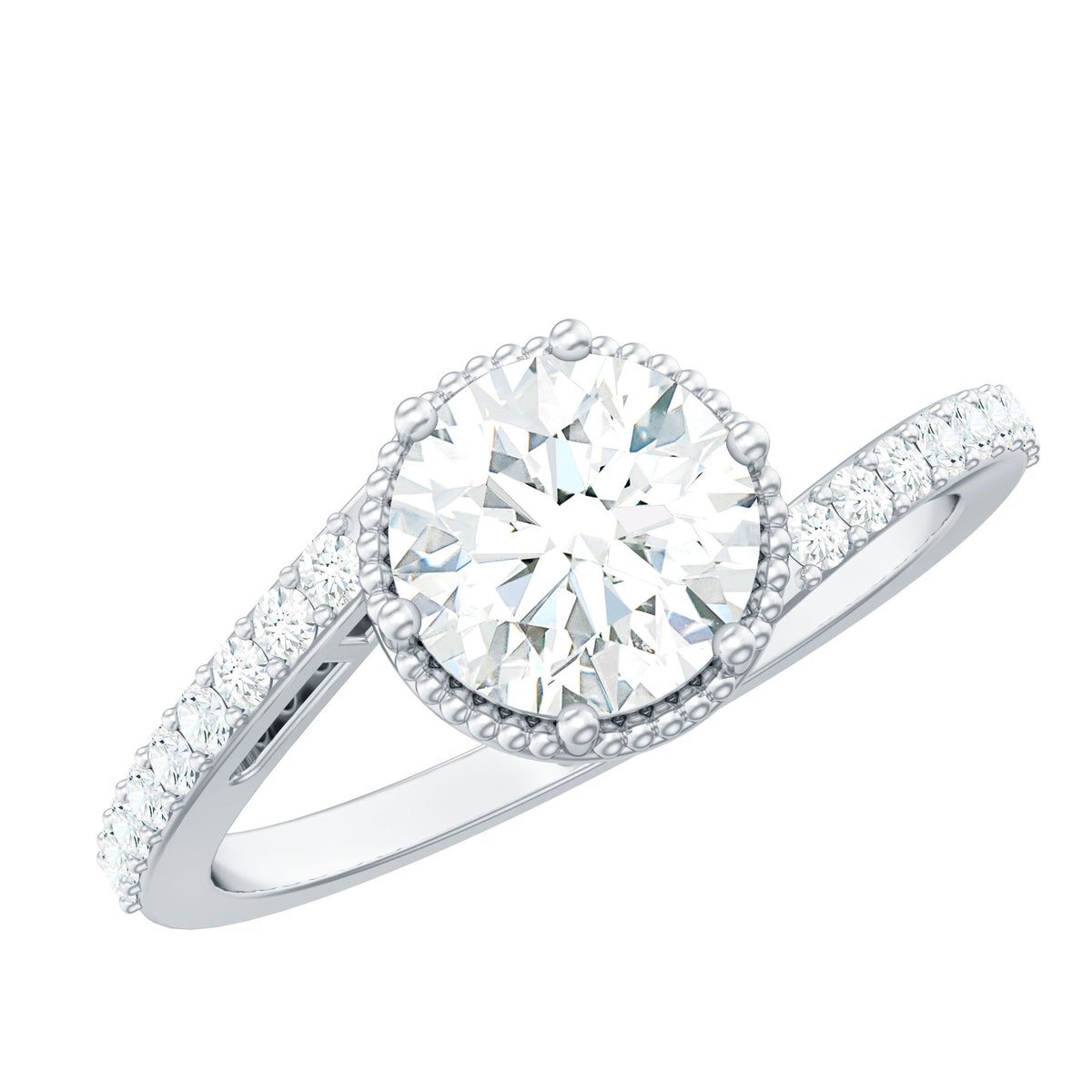 Round cut solitaire zircon bypass engagement ring by Rosec Jewels featuring a sparkling central stone and sleek band design.