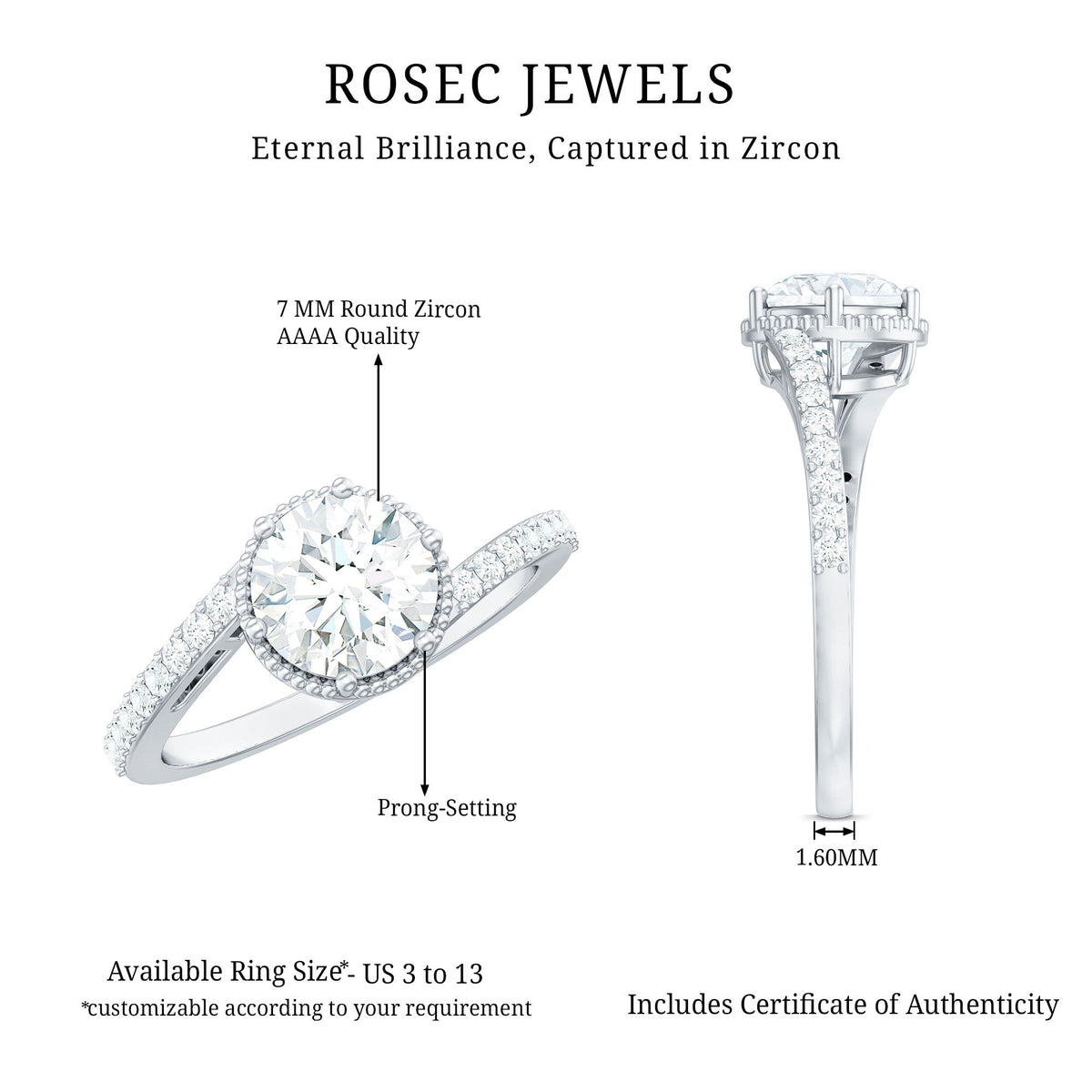 Round cut solitaire zircon bypass engagement ring by Rosec Jewels featuring a sleek band and sparkling central stone.