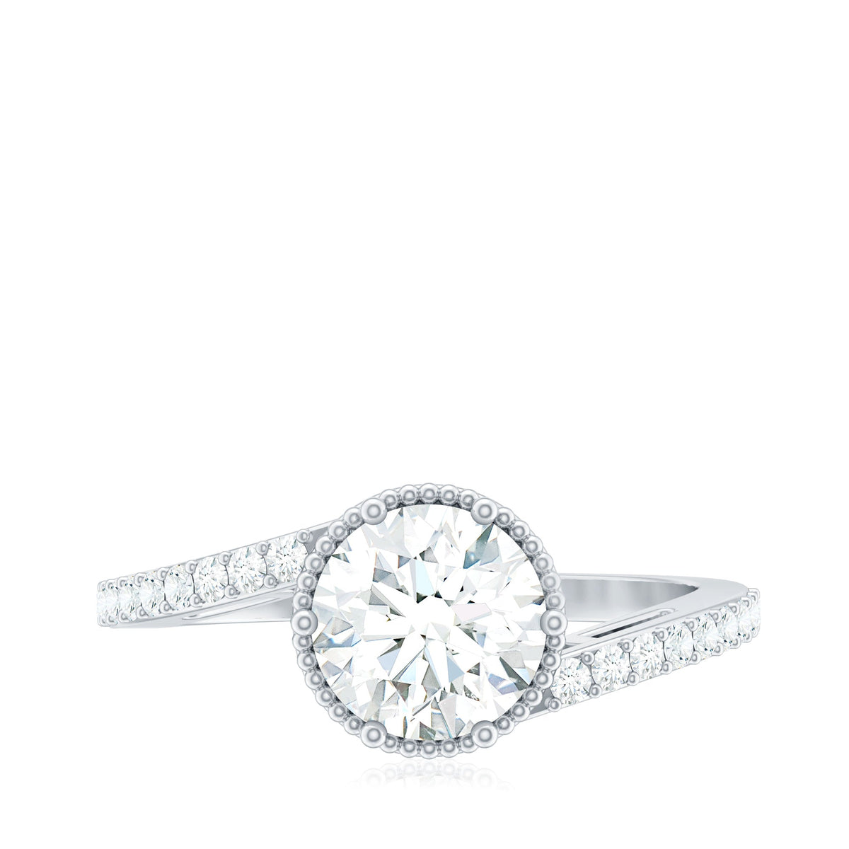 Round cut solitaire zircon bypass engagement ring by Rosec Jewels, showcasing a sleek band with a central sparkling zircon stone.