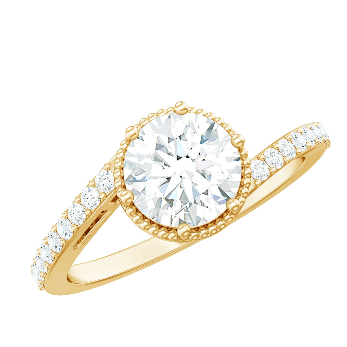 Round cut solitaire zircon bypass engagement ring by Rosec Jewels with polished silver finish and intricate bypass design.