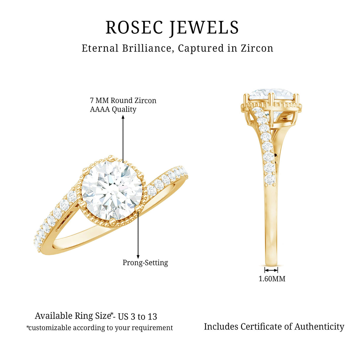 Round cut solitaire zircon bypass engagement ring by Rosec Jewels featuring a sleek band and sparkling central zircon gemstone.