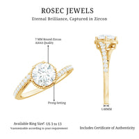 Round cut solitaire zircon bypass engagement ring by Rosec Jewels featuring a sleek band and sparkling central zircon gemstone.