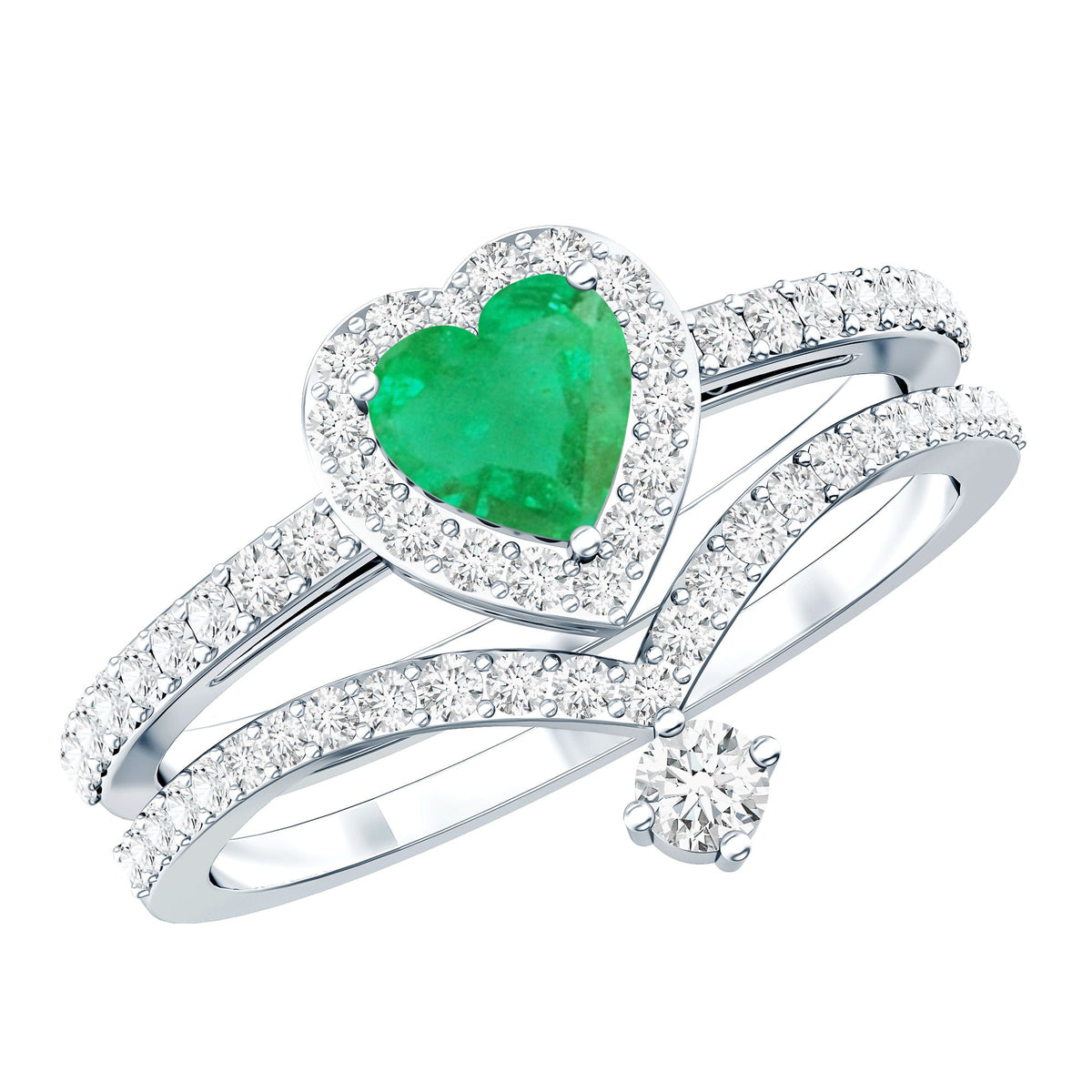 Rosec Jewels real emerald and diamond heart wedding ring set with certificate, featuring intricate design and sparkling gemstones.