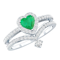 Rosec Jewels real emerald and diamond heart wedding ring set with certificate, featuring intricate design and sparkling gemstones.