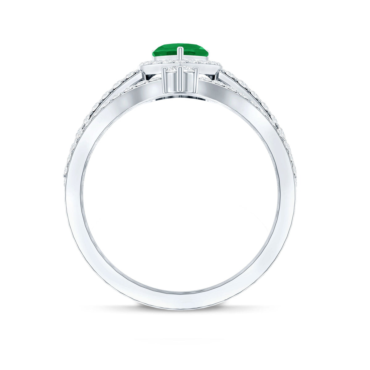 Rosec Jewels real emerald and diamond heart wedding ring set with certificate, featuring green emerald and sparkling diamonds.