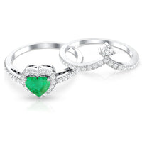 Rosec Jewels real emerald and diamond heart wedding ring set with certificate, featuring detailed gold bands and sparkling gemstones.