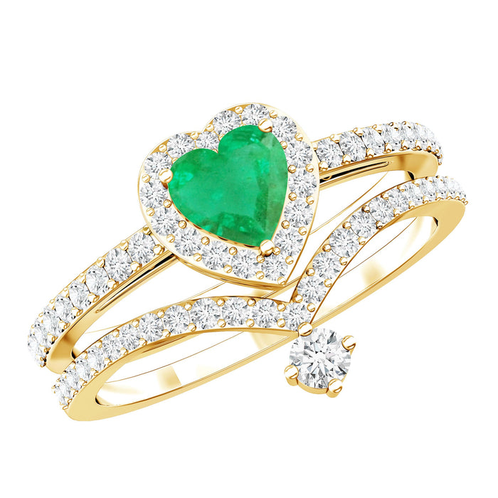 Real emerald and diamond heart wedding ring set by Rosec Jewels, featuring intricate design and sparkling gemstones.