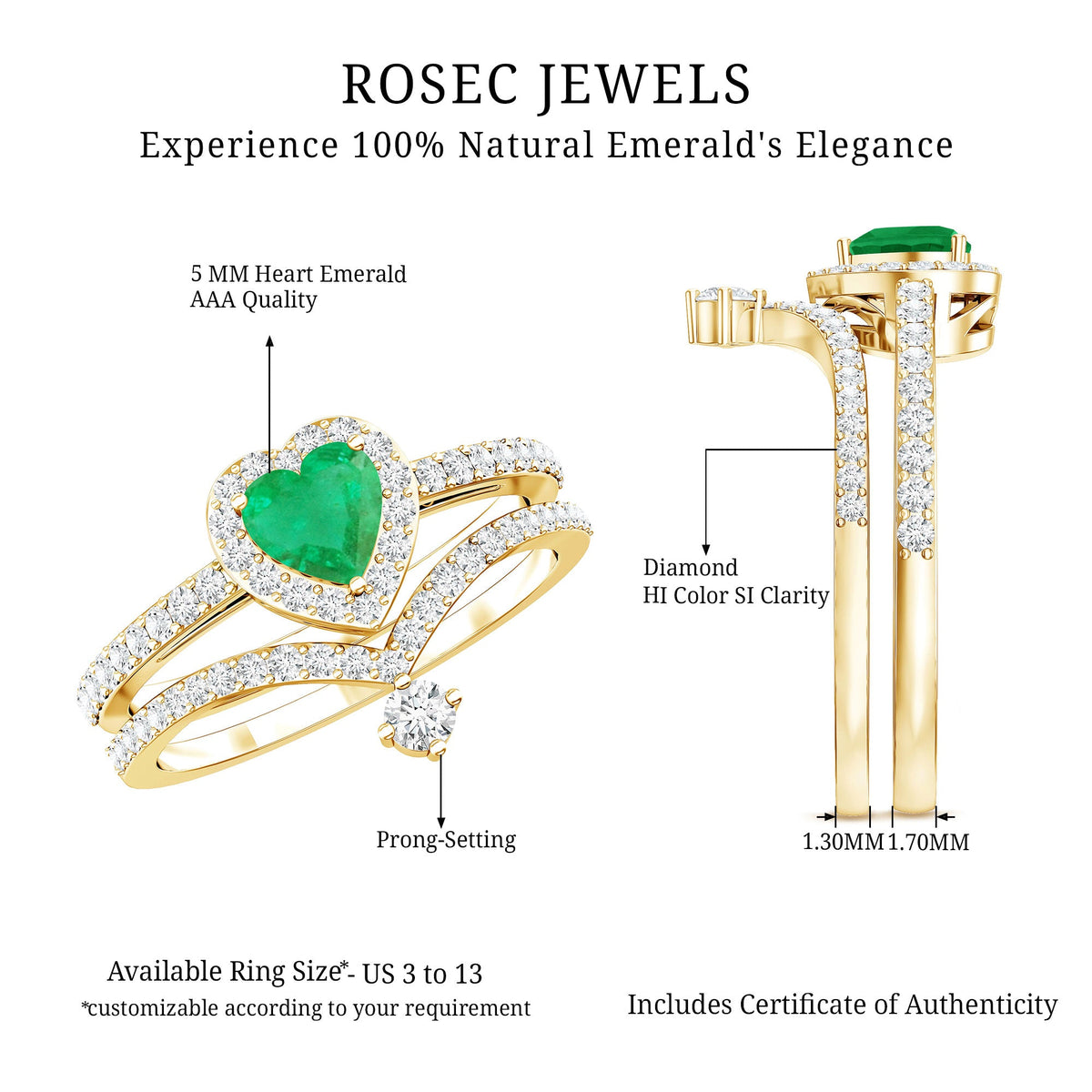Rosec Jewels real emerald and diamond heart wedding ring set with certificate, featuring intricate band and sparkling gemstones.