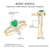 Rosec Jewels real emerald and diamond heart wedding ring set with certificate, featuring intricate band and sparkling gemstones.