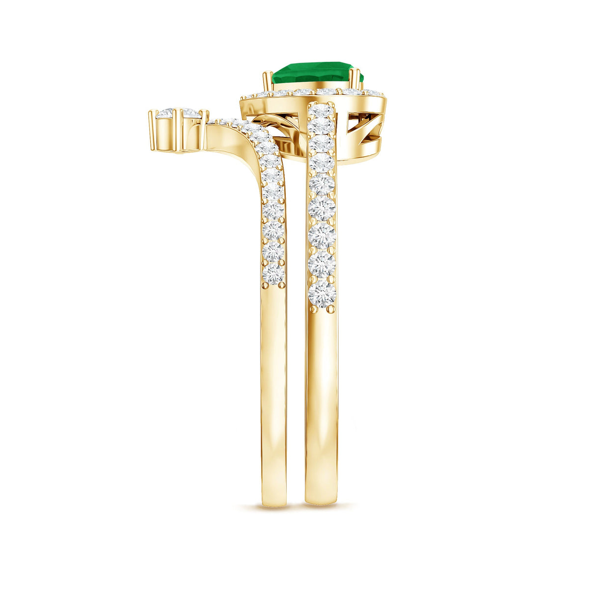 Rosec Jewels real emerald and diamond heart wedding ring set with certificate, featuring intricate design and sparkling gemstones.