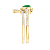 Rosec Jewels real emerald and diamond heart wedding ring set with certificate, featuring intricate design and sparkling gemstones.