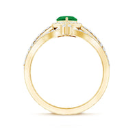 Real emerald and diamond heart wedding ring set by Rosec Jewels, featuring intricate band designs and sparkling gemstones.