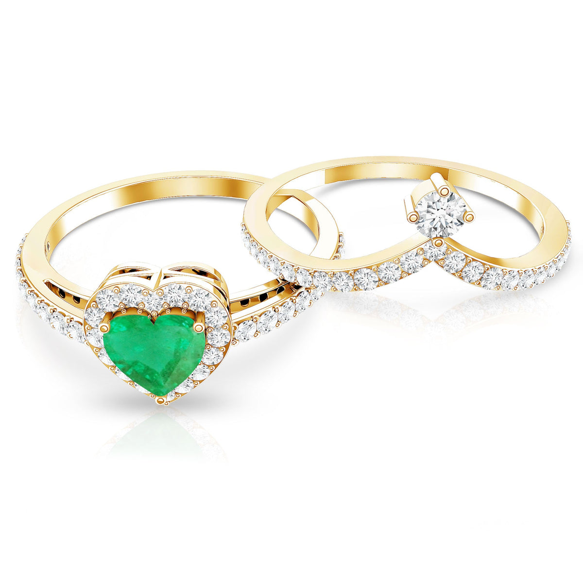 Rosec Jewels real emerald and diamond heart wedding ring set with certificate, featuring intricate band design and sparkling gemstones.