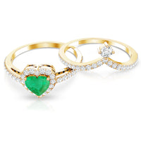 Rosec Jewels real emerald and diamond heart wedding ring set with certificate, featuring intricate band design and sparkling gemstones.