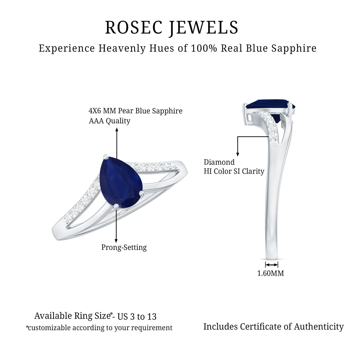 Pear cut blue sapphire solitaire ring with split shank design and diamond accents by Rosec Jewels.
