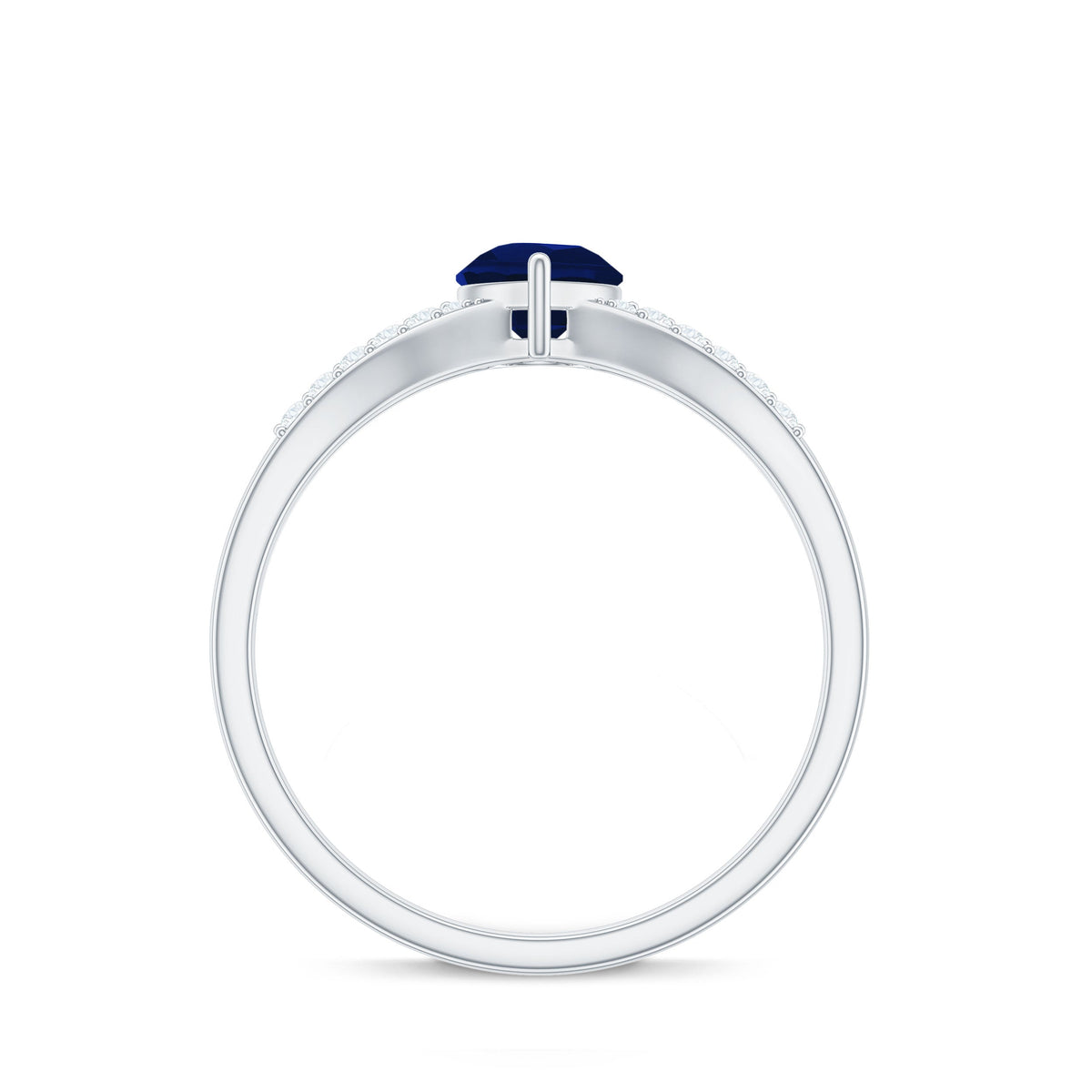 Pear cut blue sapphire solitaire ring with diamond accents and split shank design from Rosec Jewels.