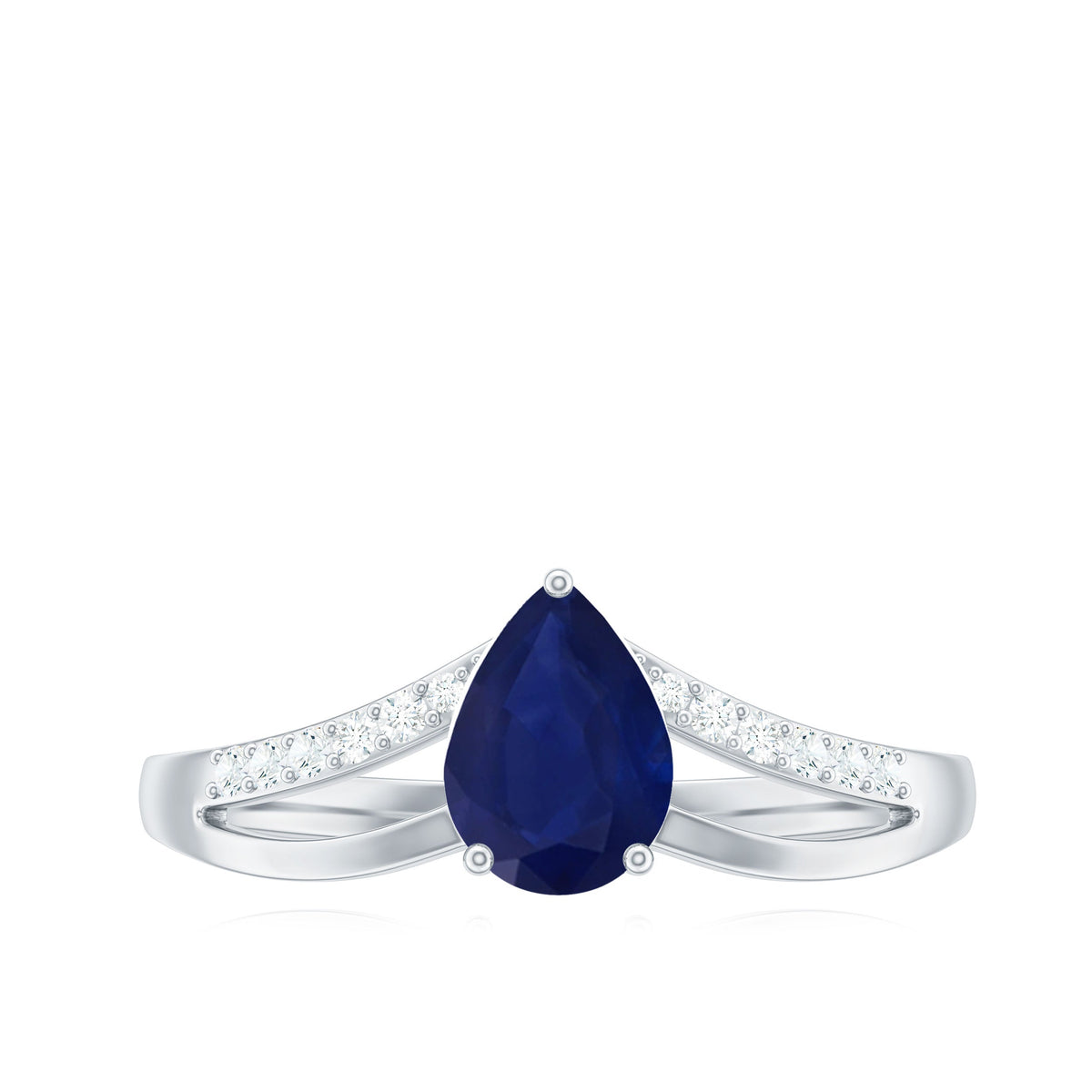 Rosec Jewels pear cut blue sapphire solitaire ring with diamond, featuring a split shank design and elegant setting.