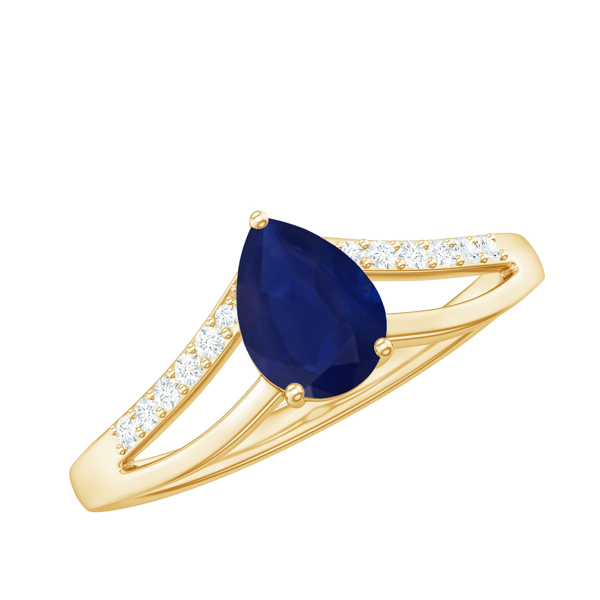 Pear cut blue sapphire solitaire ring with diamond accents, featuring a split shank design, by Rosec Jewels.