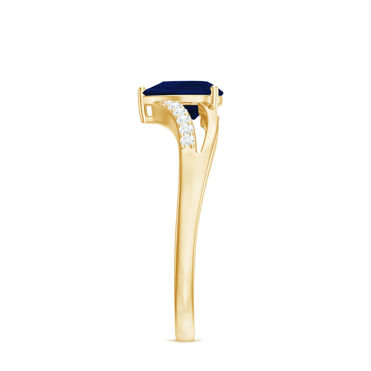 Pear cut blue sapphire solitaire ring with split shank design and diamond accents by Rosec Jewels, showcasing the elegant jewelry piece.