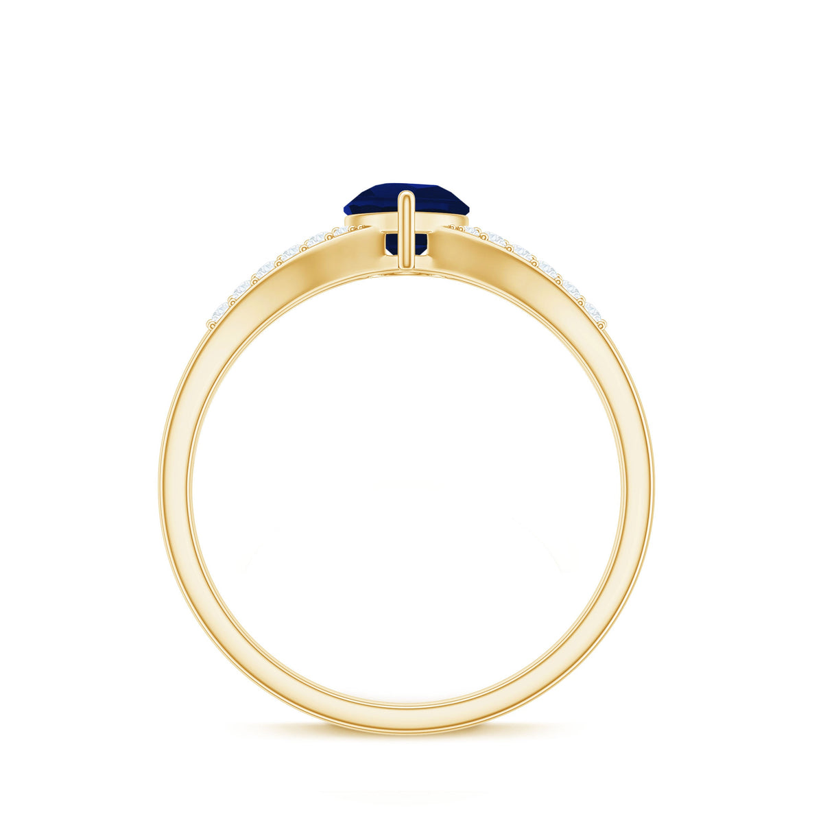 Pear cut blue sapphire solitaire ring with diamond accents and split shank design by Rosec Jewels, showcasing elegant jewelry craftsmanship.