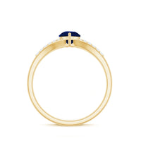 Pear cut blue sapphire solitaire ring with diamond accents and split shank design by Rosec Jewels, showcasing elegant jewelry craftsmanship.