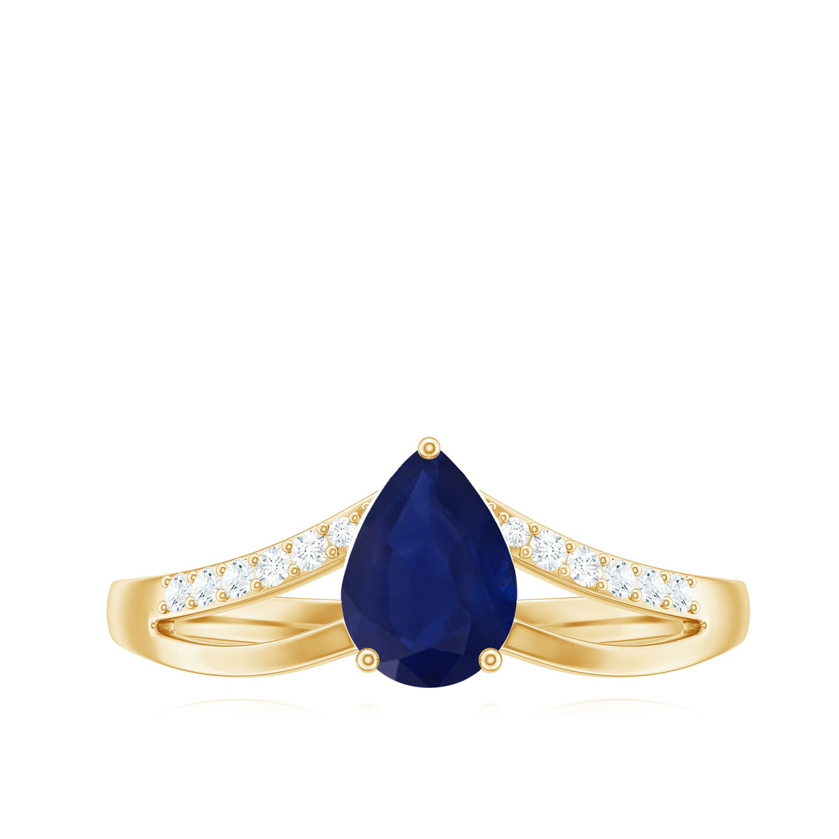 Pear cut blue sapphire solitaire ring with split shank design and diamond accents by Rosec Jewels.