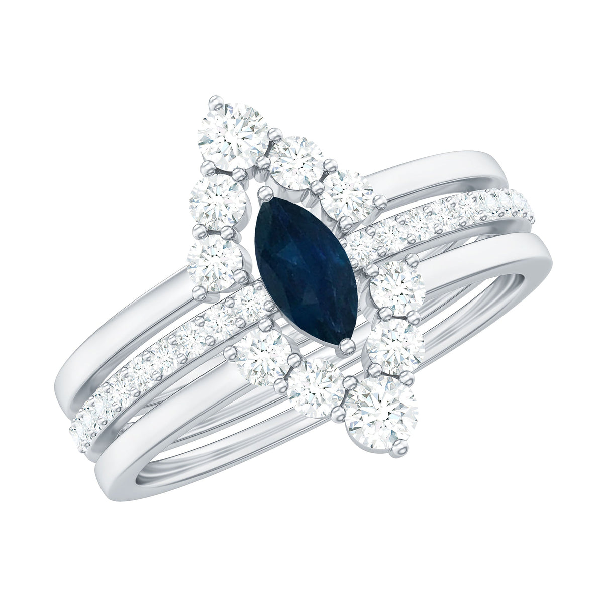 Stackable ring set featuring marquise cut blue sapphires and diamonds, designed by Rosec Jewels, displayed on a white background.