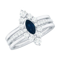 Stackable ring set featuring marquise cut blue sapphires and diamonds, designed by Rosec Jewels, displayed on a white background.