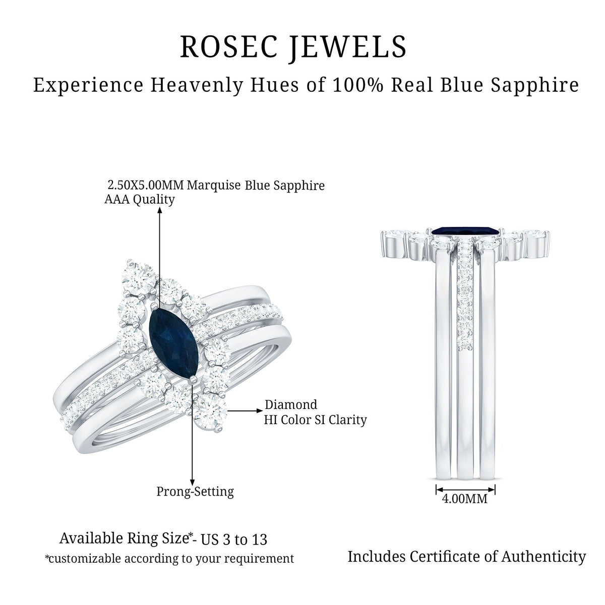 Stackable ring set featuring marquise cut blue sapphire and diamonds by Rosec Jewels, showcasing three elegant rings in a close-up view.