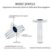 Stackable ring set featuring marquise cut blue sapphire and diamonds by Rosec Jewels, showcasing three elegant rings in a close-up view.