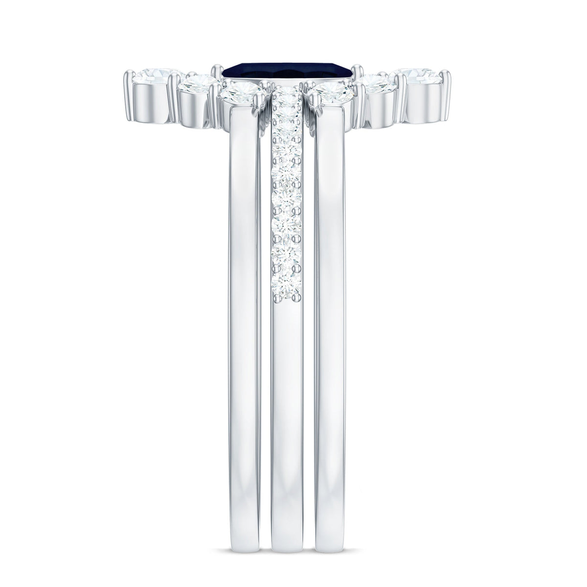 Natural marquise cut blue sapphire and diamond stackable ring set by Rosec Jewels, featuring three elegant rings with intricate designs.