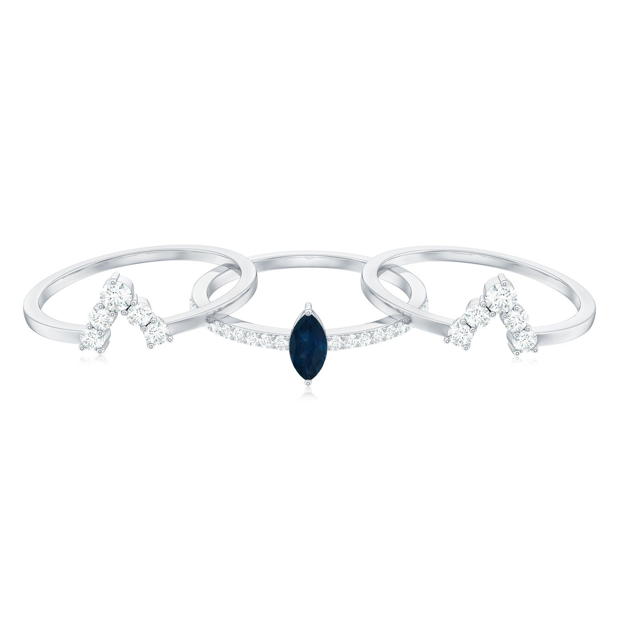 Stackable ring set featuring marquise cut blue sapphire and diamond accents from Rosec Jewels, showcasing three elegant rings.