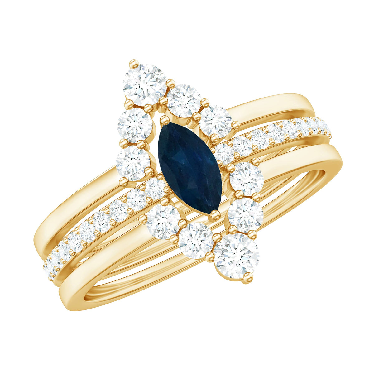 Stackable ring set featuring marquise cut blue sapphire and diamonds, crafted by Rosec Jewels, displayed on a soft jewelry stand.
