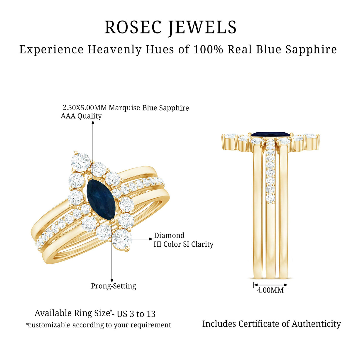 Stackable rings set featuring natural marquise-cut blue sapphire and diamonds from Rosec Jewels, showcasing three elegant rings.