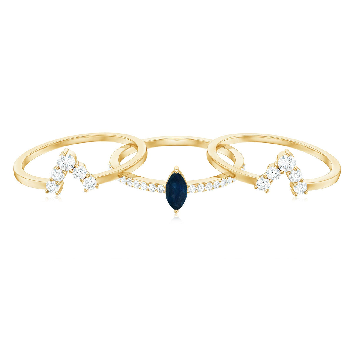 Three-piece stackable ring set featuring marquise cut blue sapphire and diamond accents from Rosec Jewels.