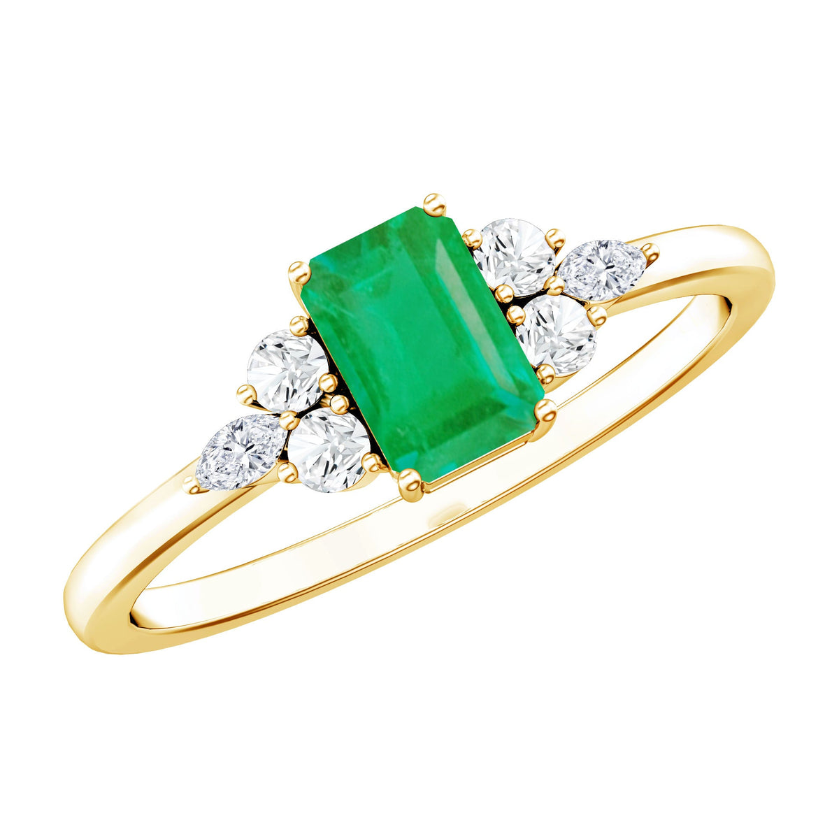Emerald cut emerald engagement ring with diamond trio from Rosec Jewels, showcasing a stunning central gemstone and side diamonds.