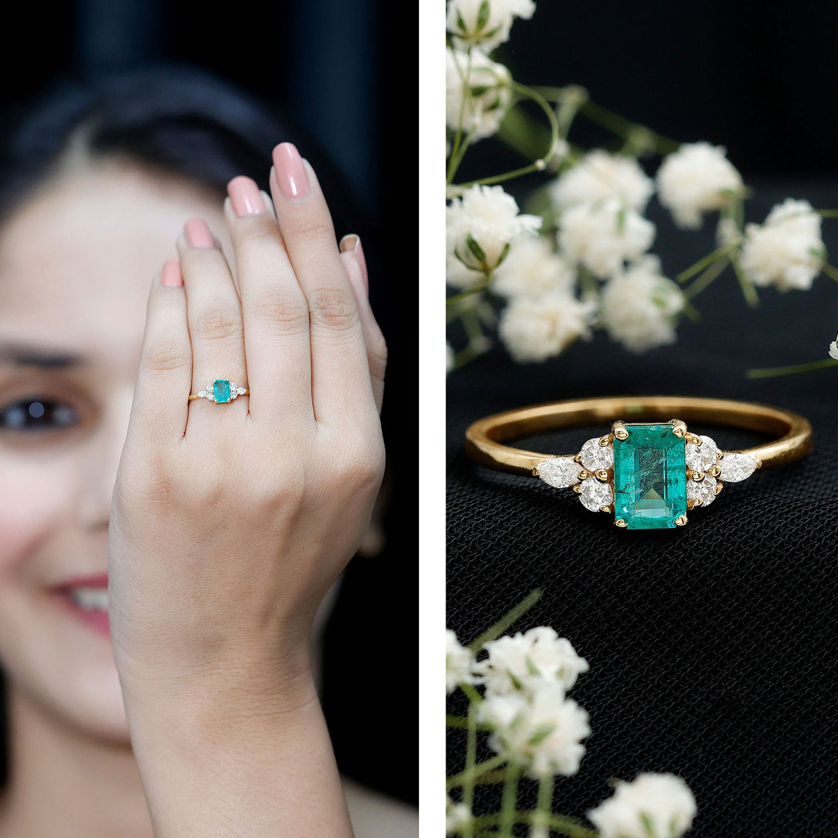 Emerald cut emerald engagement ring with diamond trio accents, featuring a platinum band and intricate detailing by Rosec Jewels