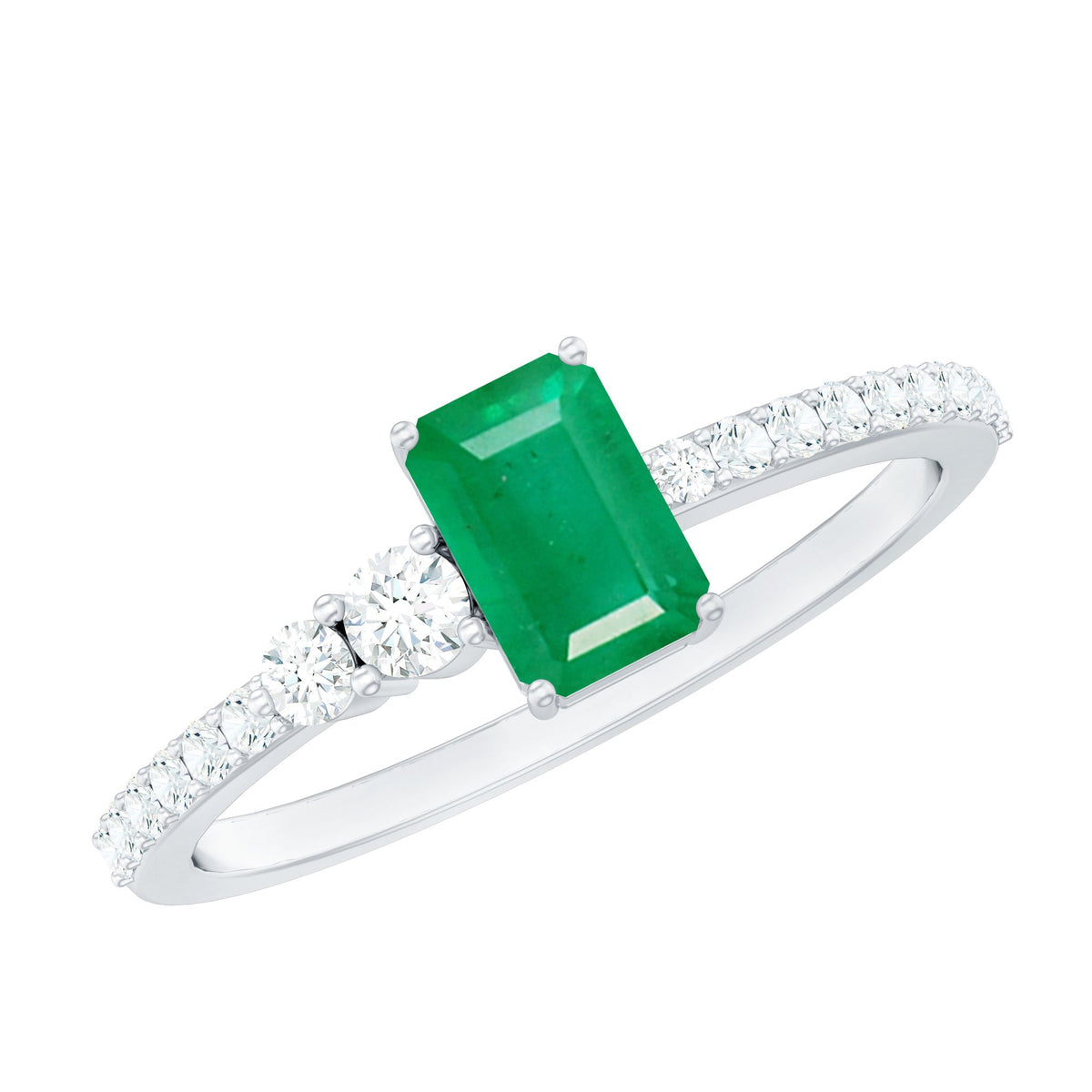Natural emerald cut emerald engagement ring with diamond side stones, featuring a sleek gold band from Rosec Jewels.