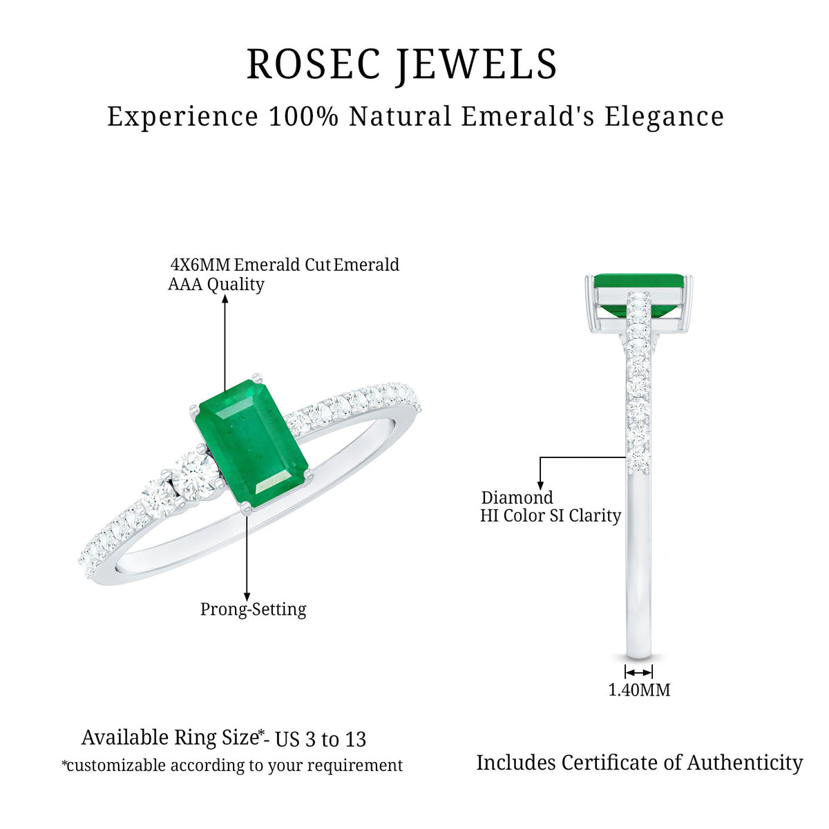 Natural emerald cut emerald engagement ring with diamond side stones, featuring a sleek gold band and intricate detailing.