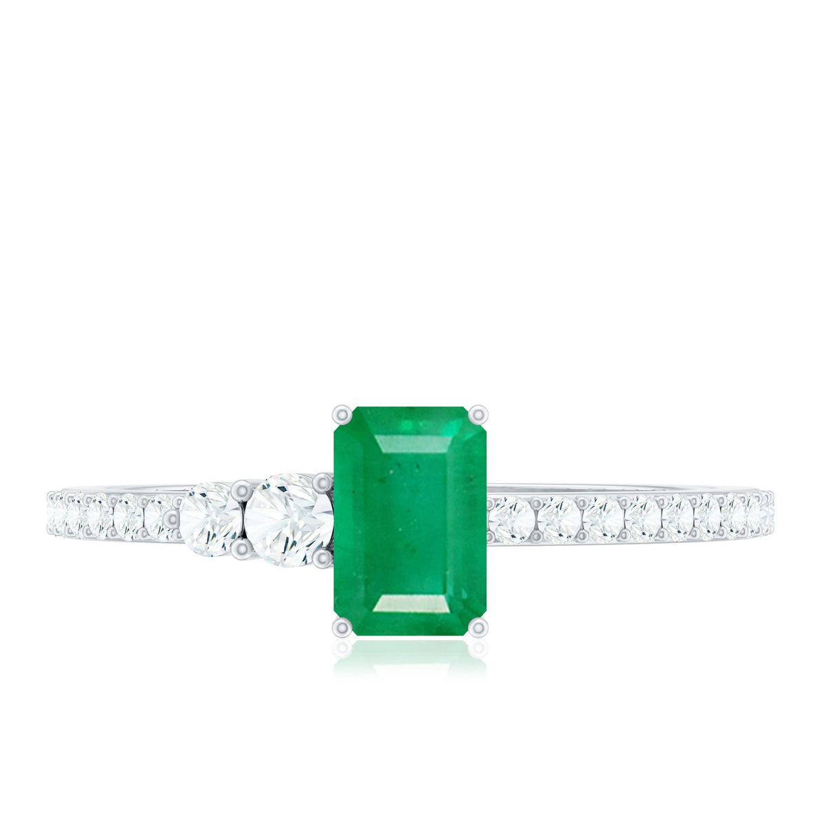 Natural emerald cut emerald engagement ring with diamond side stones, set in a Rosec Jewels ring featuring a sleek design and sparkling accents.
