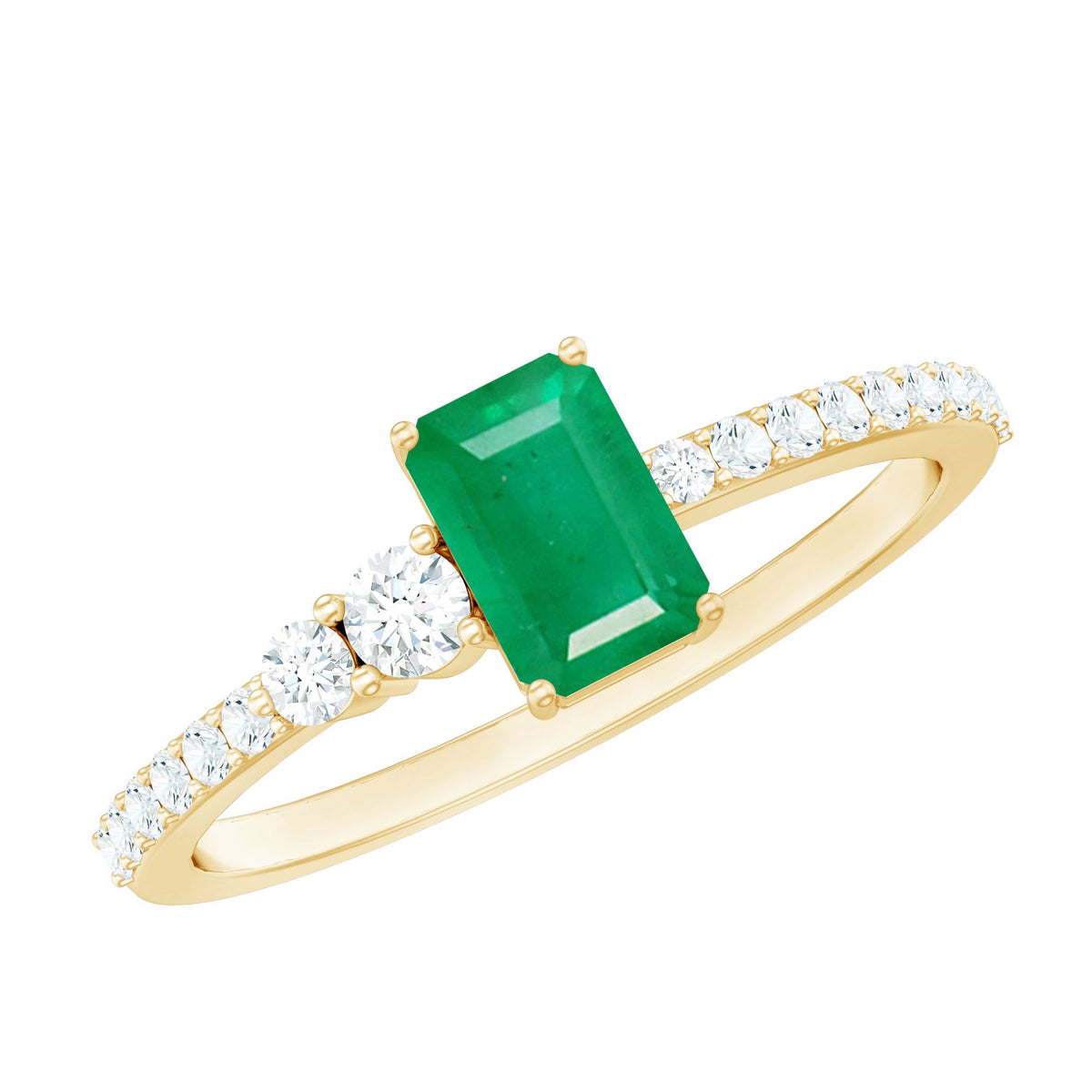 Natural emerald cut emerald engagement ring with diamond side stones from Rosec Jewels, showcasing a elegant center gemstone and sparkling accents.