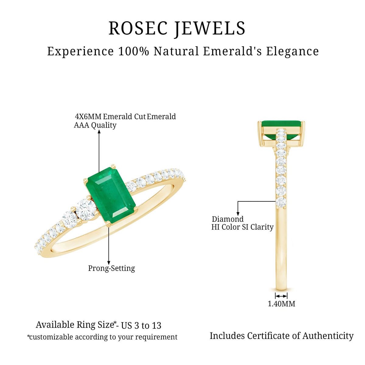 Natural emerald cut emerald engagement ring with diamond side stones from Rosec Jewels, showcasing a stunning green gemstone and sparkling accents.