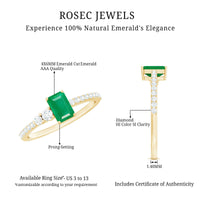 Natural emerald cut emerald engagement ring with diamond side stones from Rosec Jewels, showcasing a stunning green gemstone and sparkling accents.