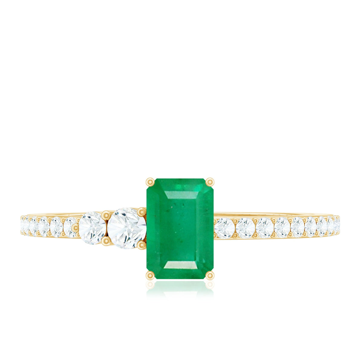 Natural emerald cut emerald engagement ring with diamond side stones, featuring a sleek gold band and detailed craftsmanship.