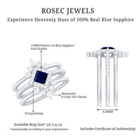 1.5 CT Princess Cut Blue Sapphire Bridal Ring Set with Moissanite Halo