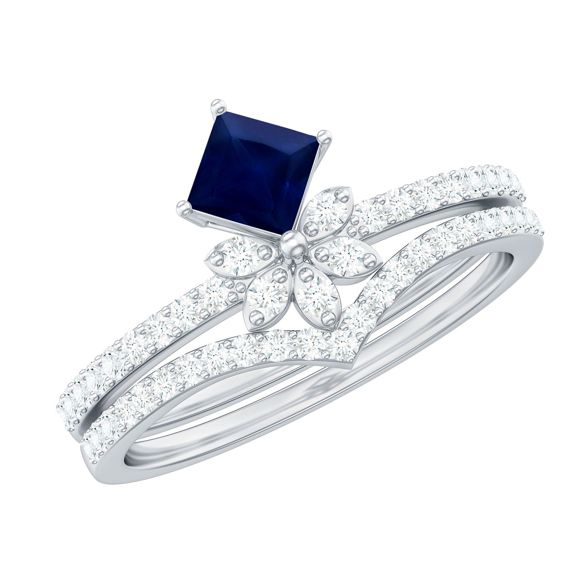 Designer Princess Cut Blue Sapphire and Diamond Flower Wedding Ring Set by Rosec Jewels, featuring intricate floral design and sparkling gemstones.